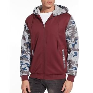 MAGCOMSEN Full Zip Hoodie Burgundy Fleece Lined Jacket Camo Sweatshirt Mens Sz M